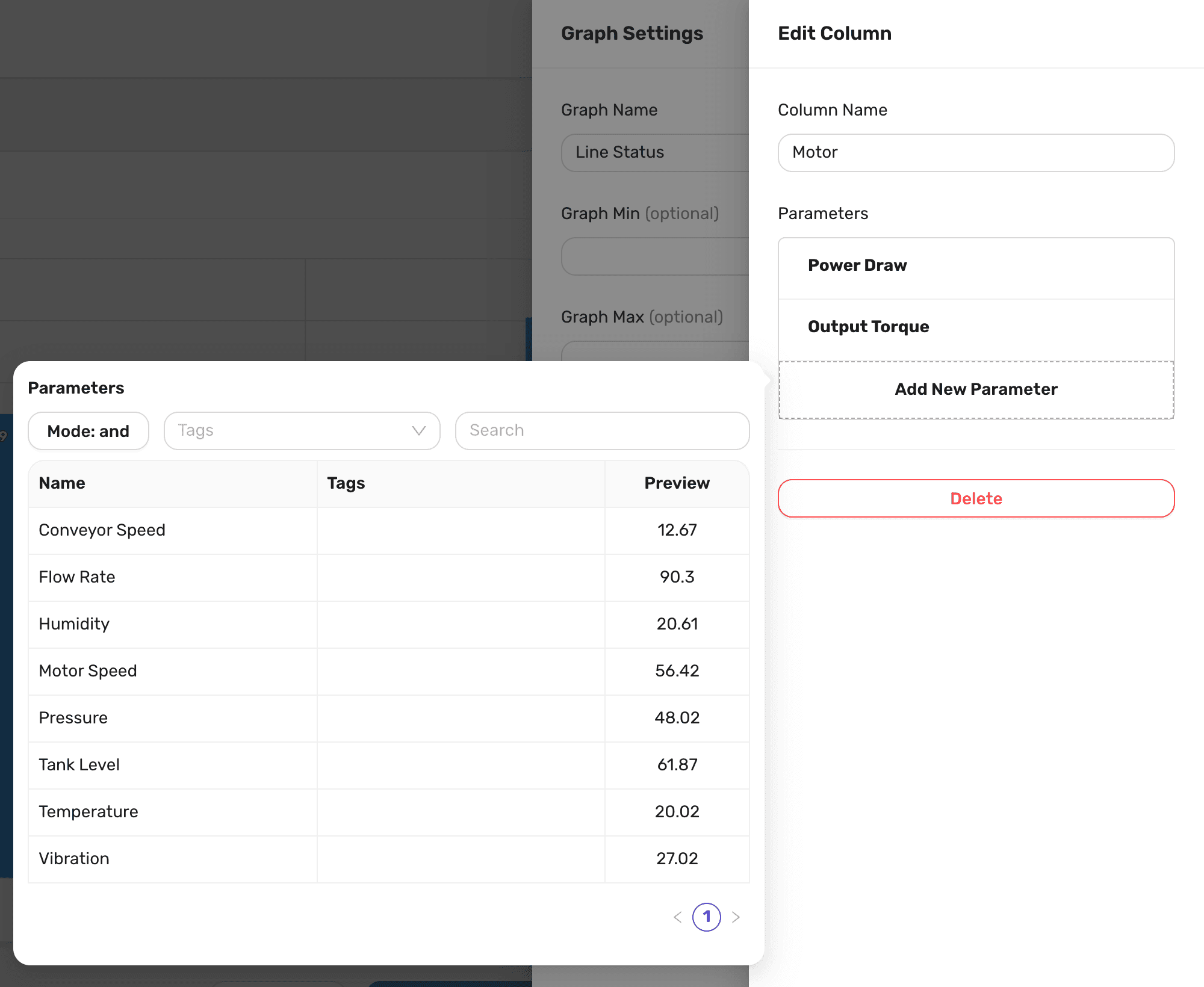 The Edit Column panel for the Motor column, which already contains Power Draw and Output Torque, with the list of parameters open showing the Mode, Tags and Search filters and each parameter's preview value