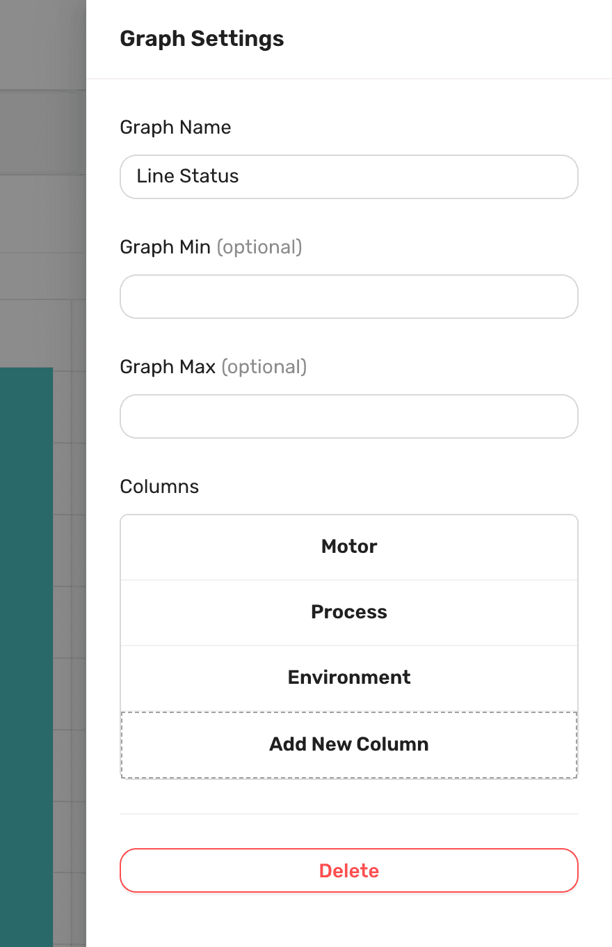 The Graph Settings panel for a graph named Line Status, with empty Graph Min and Graph Max fields, the columns Motor, Process and Environment, and the Add New Column and Delete buttons