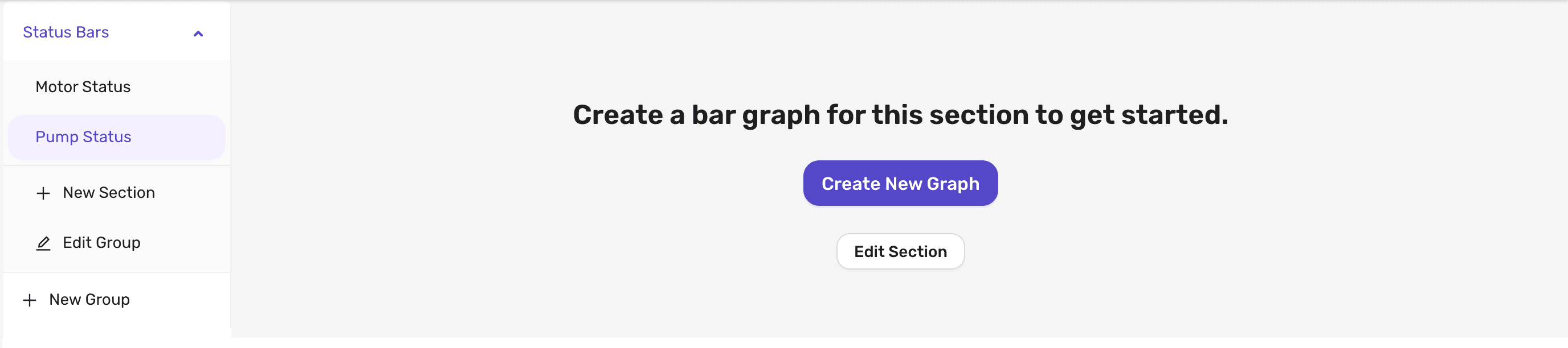 The Bar Graphs sidebar, showing the Status Bars group with its Motor Status and Pump Status sections and the New Section, Edit Group and New Group options, next to an empty section with Create New Graph and Edit Section buttons
