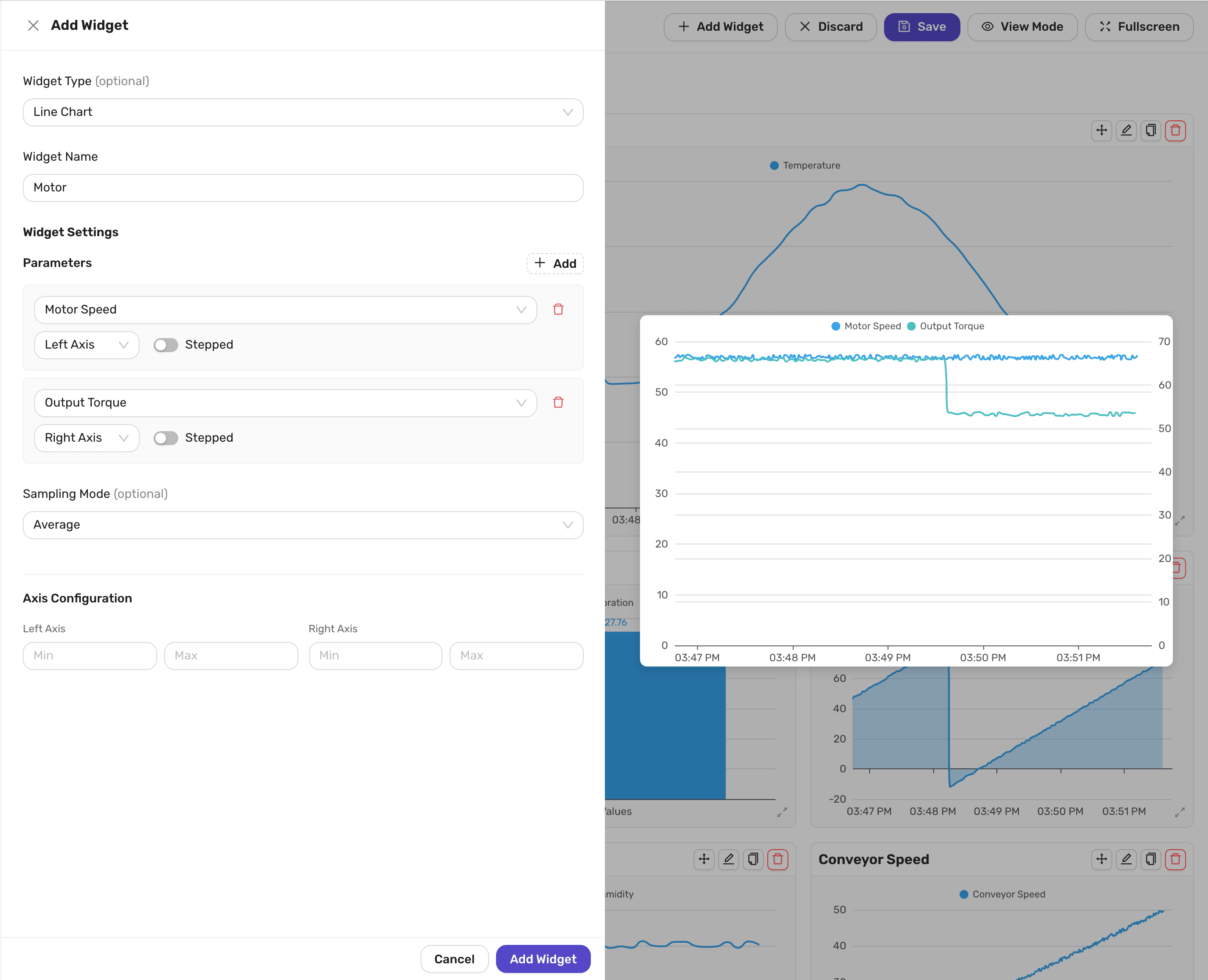 The Add Widget panel for a Line Chart named Motor, with Motor Speed on the left axis, Output Torque on the right axis and a Sampling Mode of Average, next to a preview of the chart with both lines