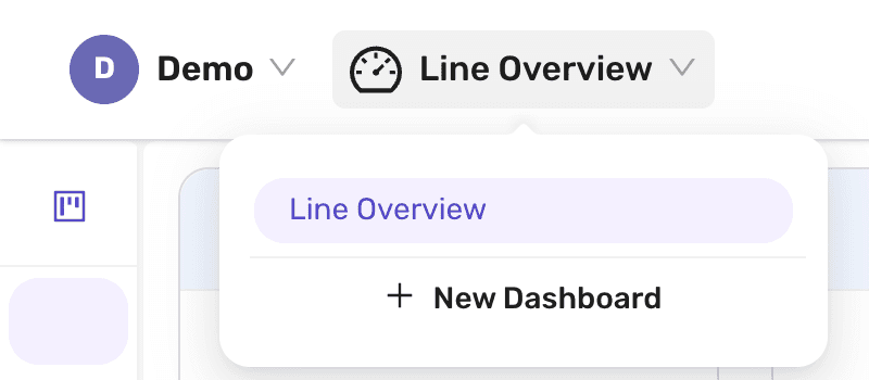 The dashboard list opened from the dashboard's name at the top of the page, showing the Line Overview dashboard and the New Dashboard option