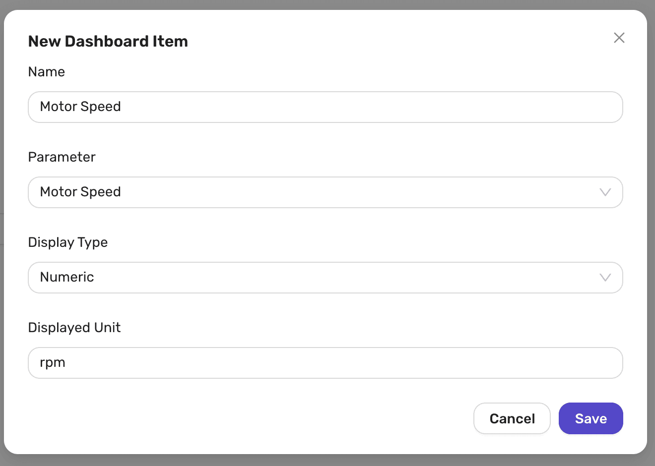 The New Dashboard Item window for a tile named Motor Speed, showing the Motor Speed parameter, a Display Type of Numeric and a Displayed Unit of rpm