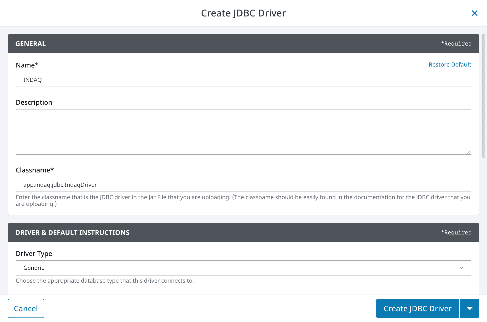 The General section of Ignition's Create JDBC Driver form, with the name INDAQ and the classname app.indaq.jdbc.IndaqDriver