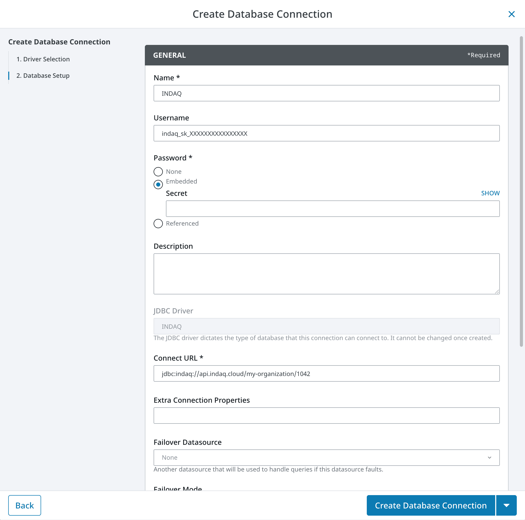Step two of the Create Database Connection wizard, with the name, API key username and connect URL filled in