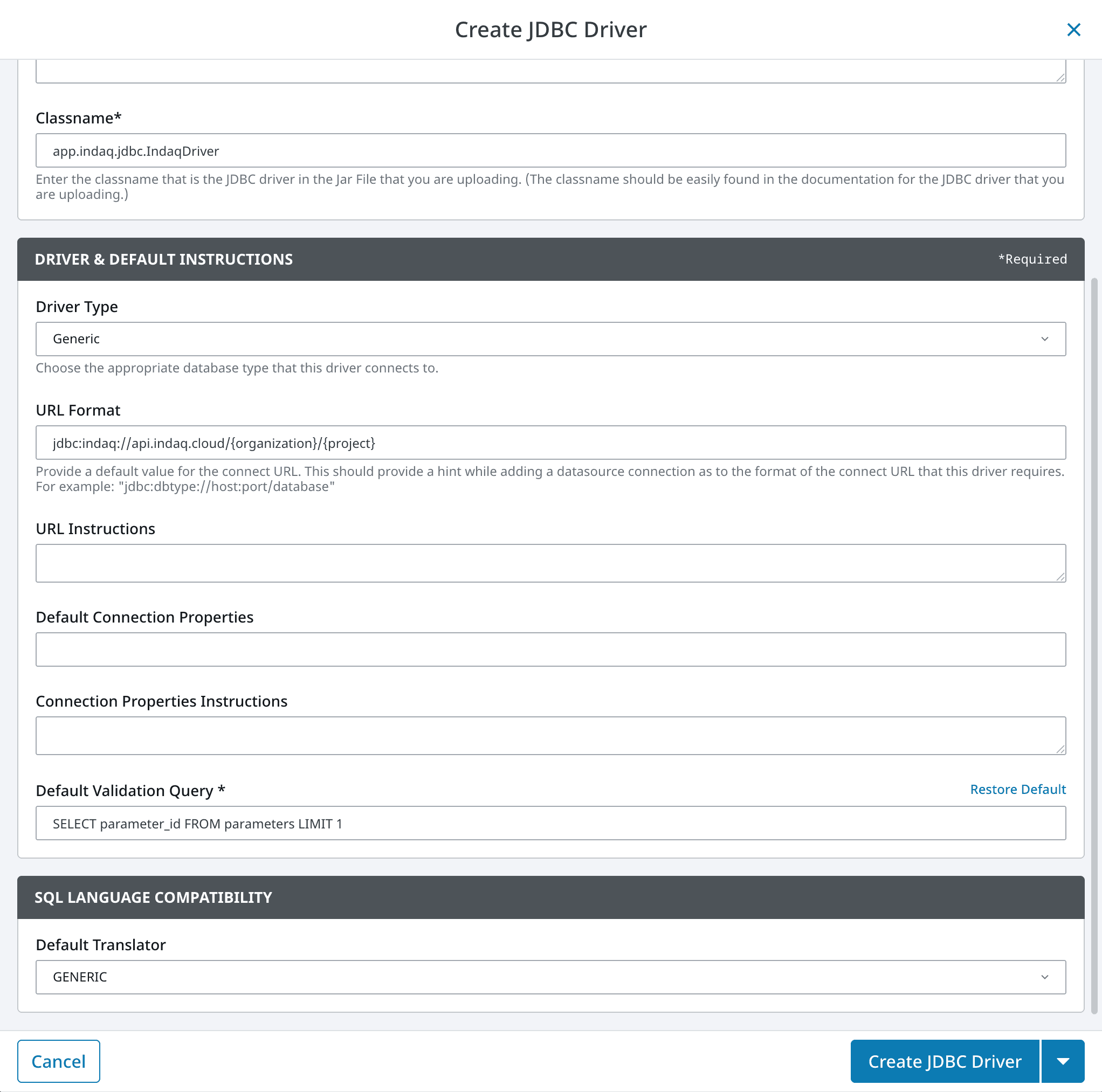 The Driver and Default Instructions section of the Create JDBC Driver form, showing the URL format and the default validation query