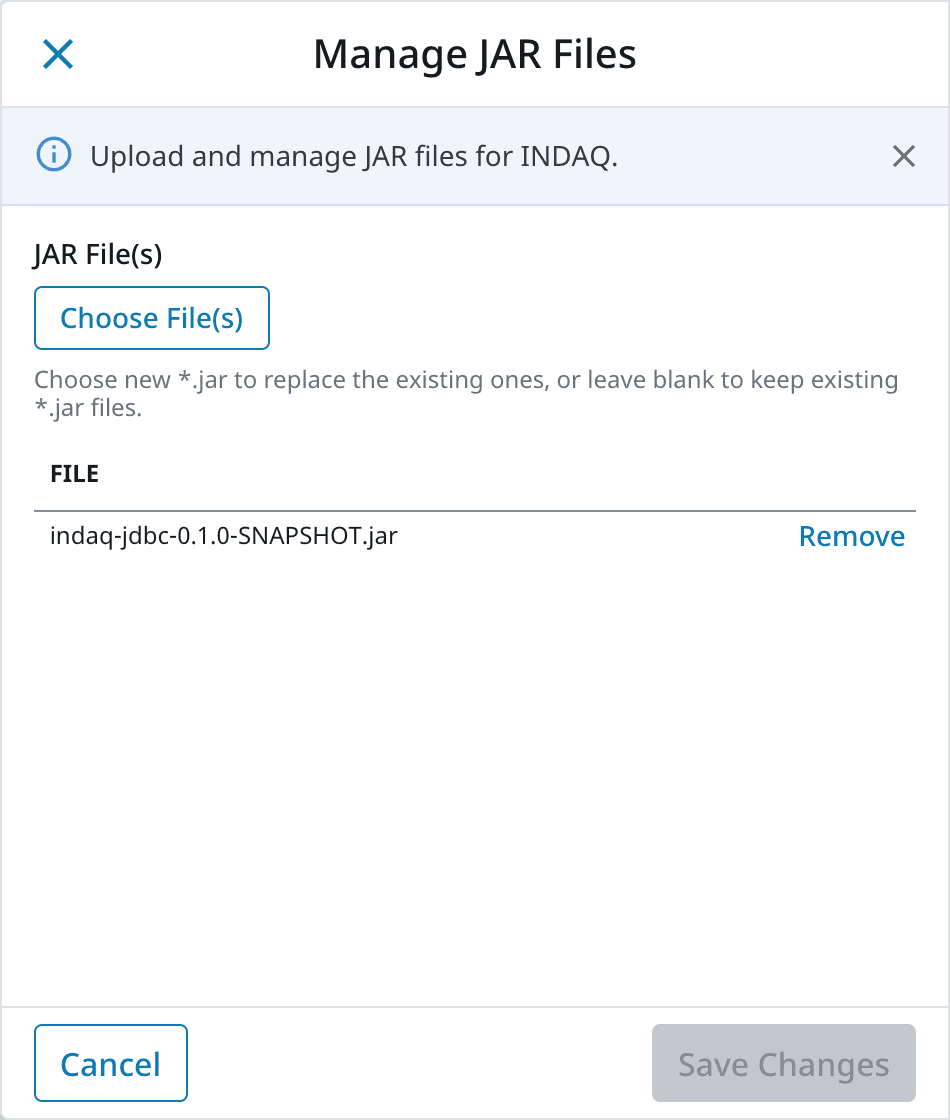 Ignition's Manage JAR Files panel listing the INDAQ driver jar