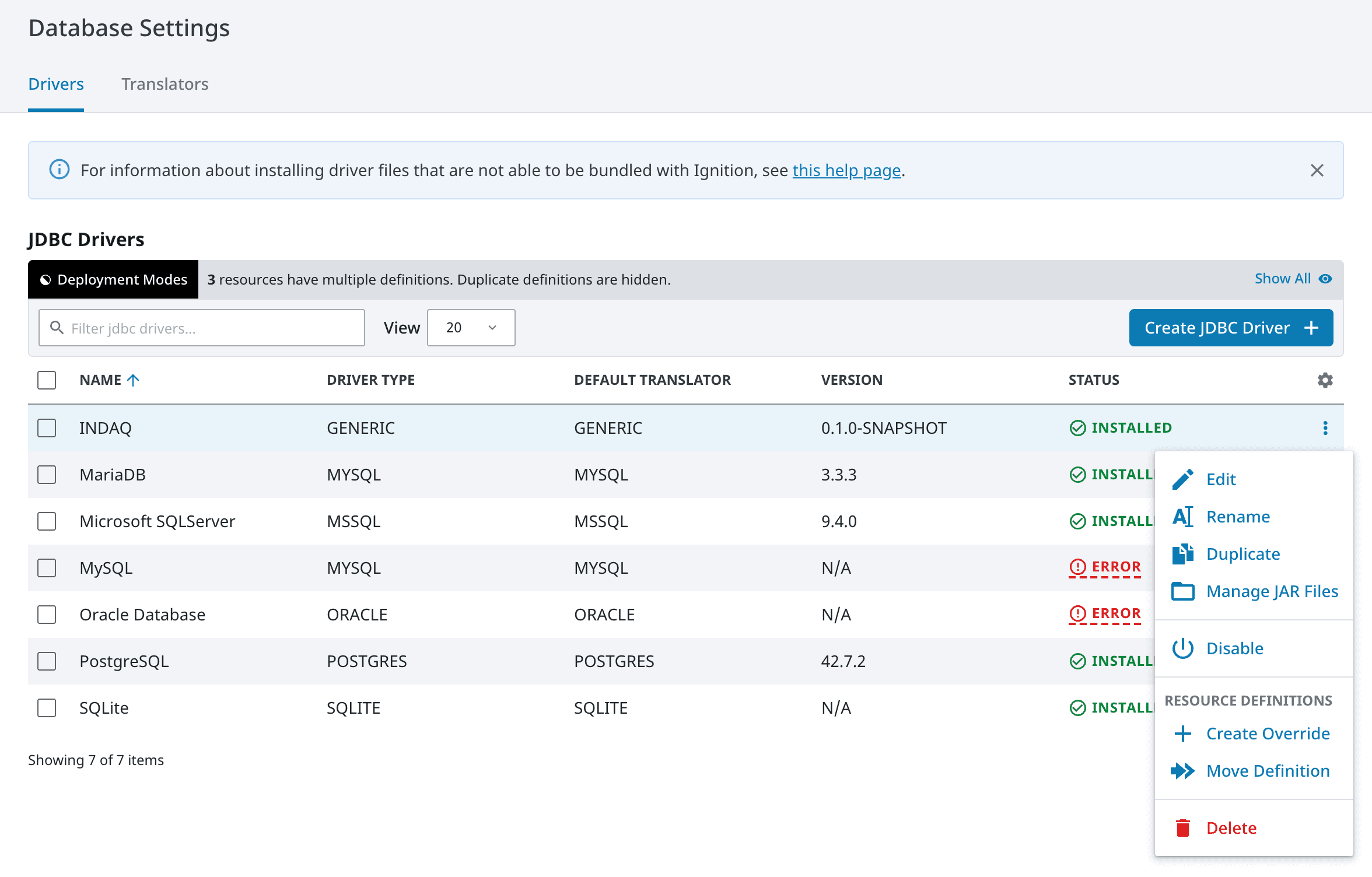 The three dots menu for the INDAQ driver on Ignition's Drivers tab, with Manage JAR Files in the list
