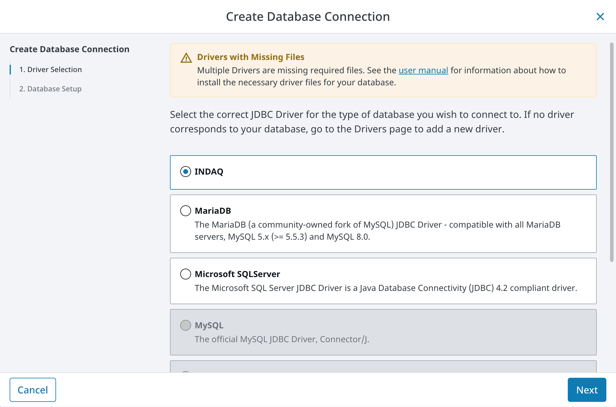 Step one of Ignition's Create Database Connection wizard with the INDAQ driver selected